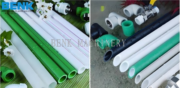 Various types of PVC pipes and fittings from BENK Machinery, including green, white, and black pipes along with connectors and valves.