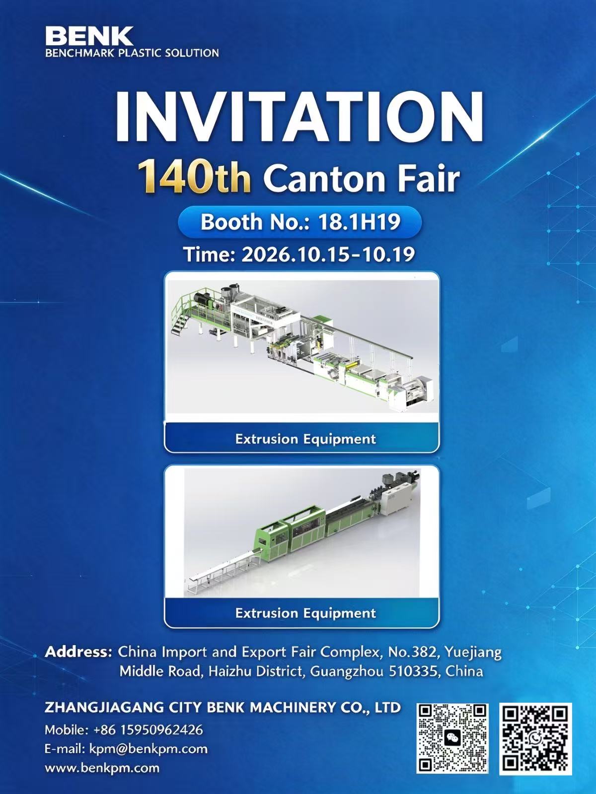 BENK Machinery at the 140th Canton Fair 2026, booth 18.1H19, 15-19 October 2026