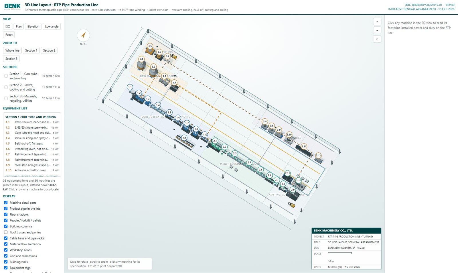 Plan view of the BENK RTP pipe production line general arrangement, 96 m by 36 m hall